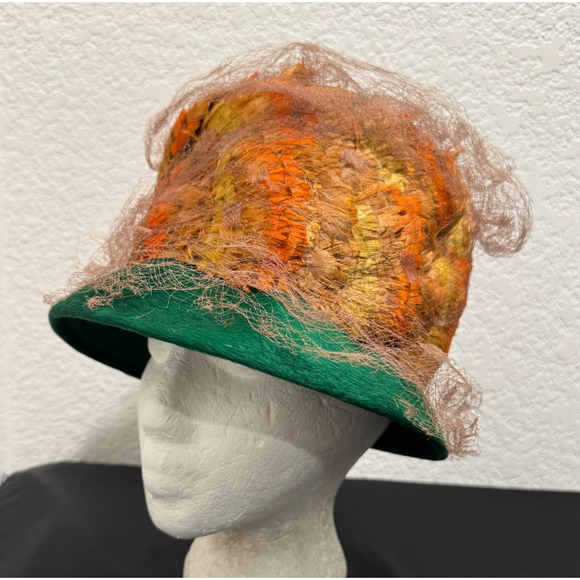 Vintage Leslie James Full Feather Bucket Hat Green Orange Net Italy Made Party main image 10